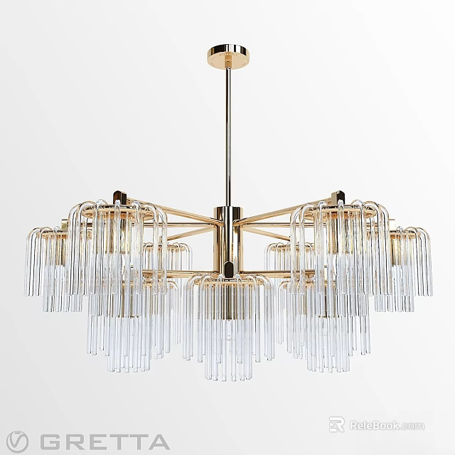 Elegant Modern Chandelier With Gold Frame And Transparent Long Glass Decorations 3d model 