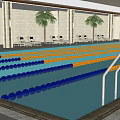 Indoor Swimming Pool With Blue Yellow Lane Lines Rest Area Chairs And Side Plants