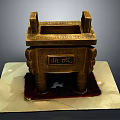 Ancient Chinese Bronze Ding Artifact With Intricate Carvings And Ding Cheng Inscriptions On Display Pedestal