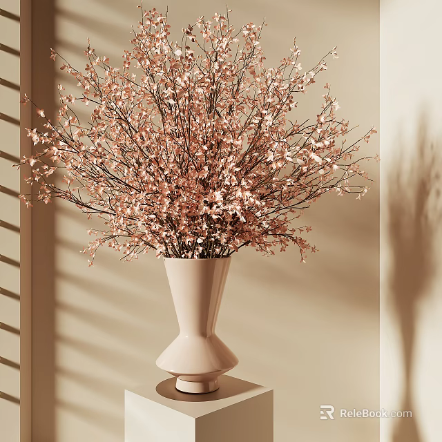 Pink Flowering Branches in Beige Vase on Table with Light Background and Soft Shadow 3d model 
