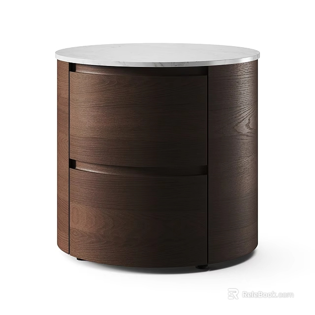 Round Brown Wooden Nightstand With Two Drawers And White Marble Top 3d model 