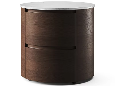 Round Brown Wooden Nightstand With Two Drawers And White Marble Top 3d model