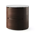 Round Brown Wooden Nightstand With Two Drawers And White Marble Top