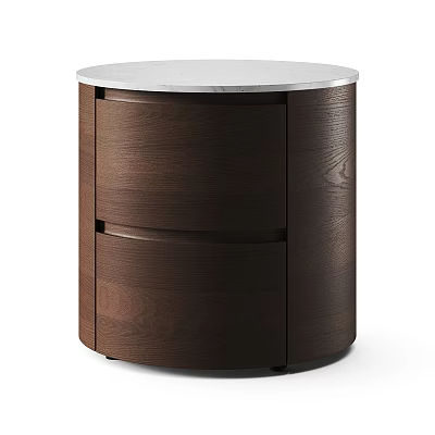 Round Brown Wooden Nightstand With Two Drawers And White Marble Top 3d model