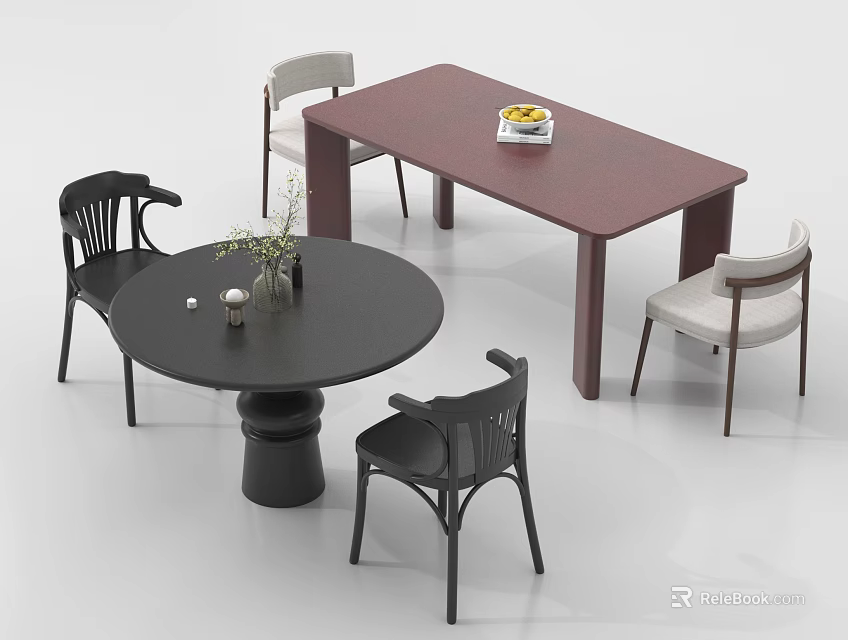 Modern Dining Table Combination Featuring Round Black Table Rectangular Brown Table And Chairs 3d model