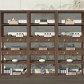 Natural Wooden Shelving Unit with Multiple Compartments Drawers and Decorative Items on Landscape Wall Background
