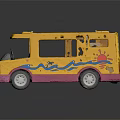 Yellow and Pink Toy Bus with Blue Wave Patterns Red Sun Design and Blue Seats