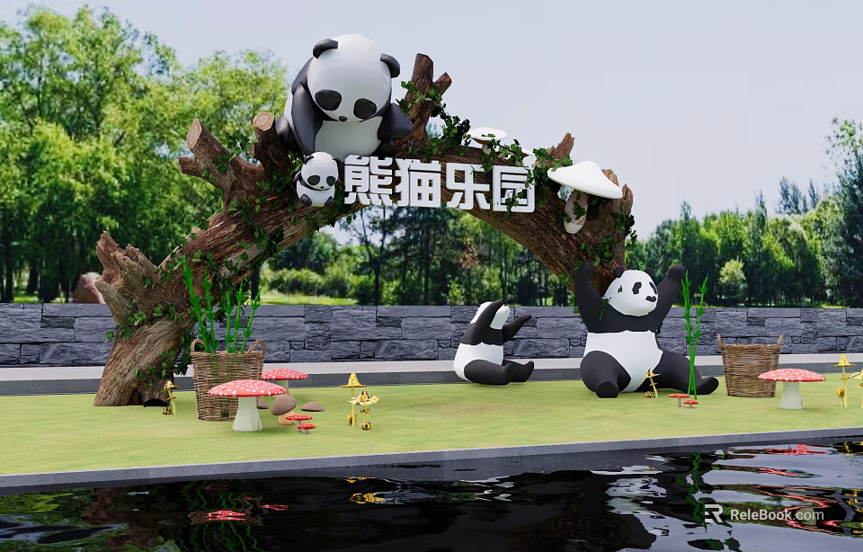 Playful Panda Landscape Sculptures In Amusement Park With Tree Grass Mushrooms And Water 3d model 