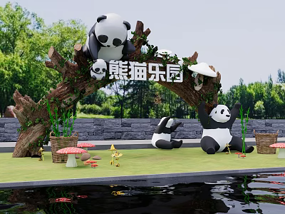 Playful Panda Landscape Sculptures In Amusement Park With Tree Grass Mushrooms And Water 3d model