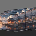 Multiple Televisions Displaying Scenic Landscape With Traditional Pavilion Water Reflections And Sky Clouds