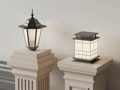 Traditional And Square Design Outdoor Lights With Glass Shade And Grid Pattern On Stone Pillars 3d model
