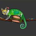 Green Chameleon With Small Red Accessory On Head Curled Tail On Wooden Branch Holding Hamburger