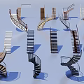 Various Staircase Designs Featuring Spiral Straight And Curved Styles With Different Materials 3d model