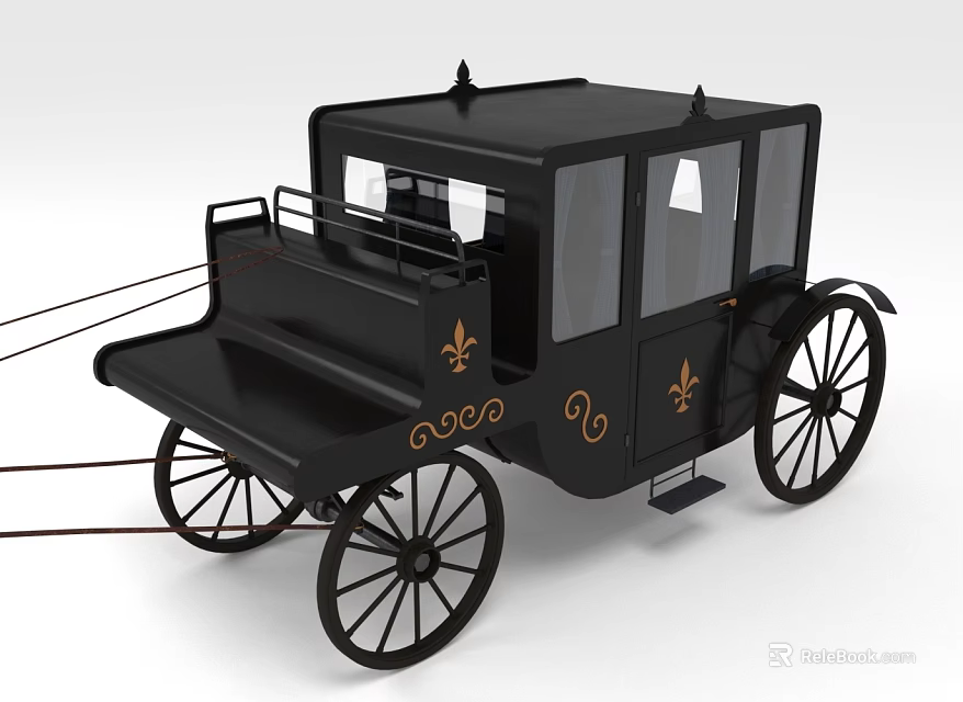 Classic Black Horse Drawn Carriage With Gold Fleur de Lis Embellishments And Elegant Wheels 3d model 