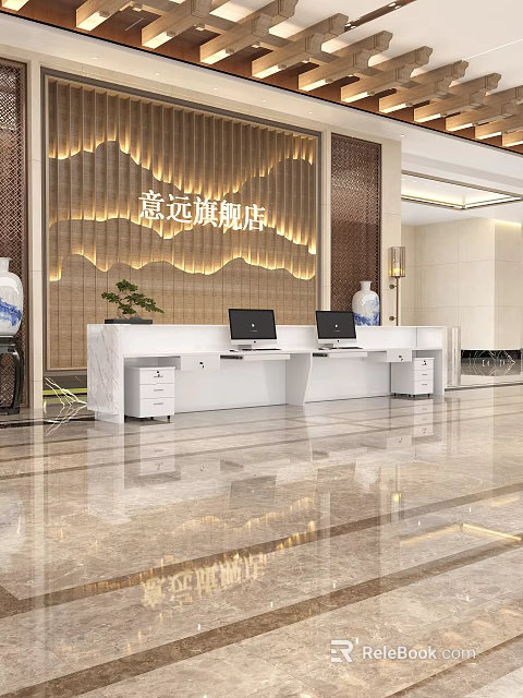 Modern Hotel Lobby Interior With Reception Desk Marble Floor Warm Lighting And Green Plants 3d model 