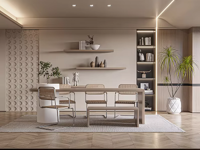 Modern Open Concept Restaurant Interior With Dining Table Chairs Shelves And Plants 3d model