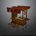 Red Canopy Food Cart With Wooden Display Shelf And Side Bench