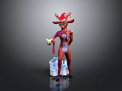 Christmas Character With Reindeer Antlers Red White Striped Outfit Yellow Item And Ice Block 3d model