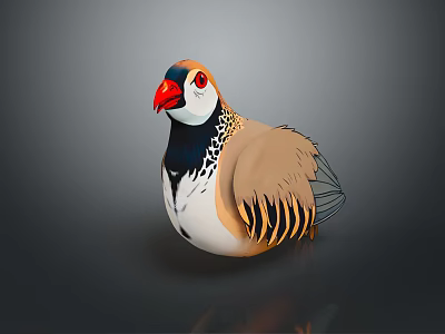 3D Rendered Quail With Red Beak Contrasting Dark Light Head And Striped Brown White Feathers 3d model