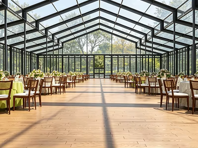 Glass Canopy Event Space With Wooden Floors And Natural Tree Backgrounds 3d model