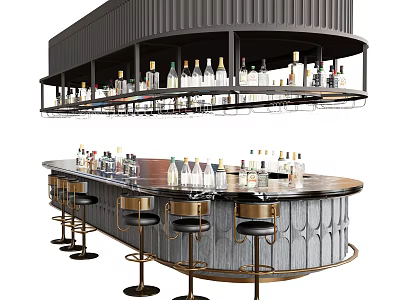 Modern Stylish Bar Interior With Curved Black Countertop Metal Stools And Bottle Shelves 3d model