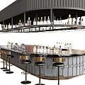Modern Stylish Bar Interior With Curved Black Countertop Metal Stools And Bottle Shelves