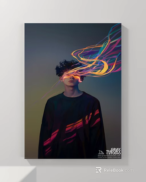 Abstract Portrait Of Young Man With Colorful Flowing Lines Over Face And Dark Top 3d model 