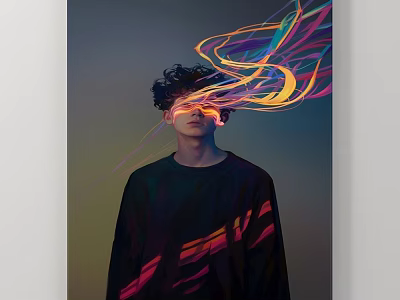 Abstract Portrait Of Young Man With Colorful Flowing Lines Over Face And Dark Top 3d model