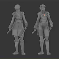 3D Character Model Front and Back Views With Blue Military Style Outfit And Sword