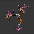 Animated Game Character Scene With Orange Hair Black And Orange Outfits Purple Ink Splashes