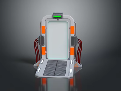 Futuristic Gate Design With Green Display Screen Orange Trim Red Pipes And Gray Pedal Platform 3d model