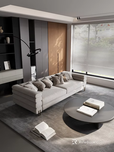 Modern Living Room With Gray Sofa Throw Pillows Round Coffee Table Books And Window Blinds 3d model 