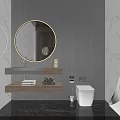 Modern Luxury Public Toilet Interior With Round LED Mirror And High Quality Marble Wall Decor