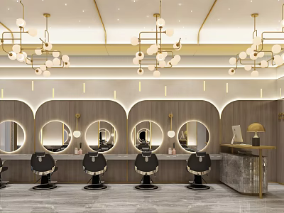 Modern Hair Beauty Salon Interior With Arched Wooden Decor Round Mirrors Chandeliers And Hairdressing Chairs 3d model