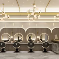 Modern Hair Beauty Salon Interior With Arched Wooden Decor Round Mirrors Chandeliers And Hairdressing Chairs