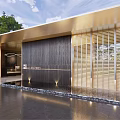 Modern Entrance Gate Design With Louvered Panels Dark Wall And Water Feature