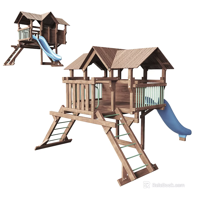 Wooden Outdoor Kids Play Equipment With Slide Ladder And Playhouse Structure 3d model 