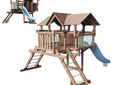 Wooden Outdoor Kids Play Equipment With Slide Ladder And Playhouse Structure 3d model