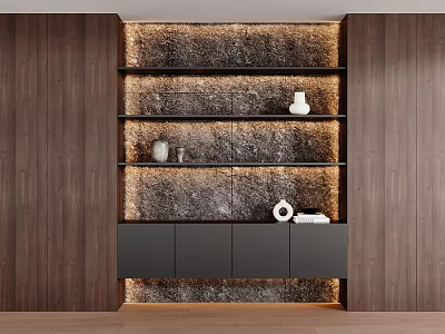 Modern Decorative Cabinet Featuring Wooden Walls Layered Shelves Lighting Strips White Vases And Decorations 3d model