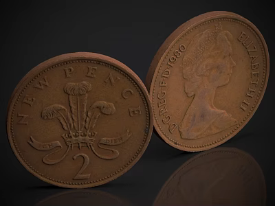 Vintage 2 Pence Coin With New Pence Text Crown Design And Queen Elizabeth II Portrait 3d model
