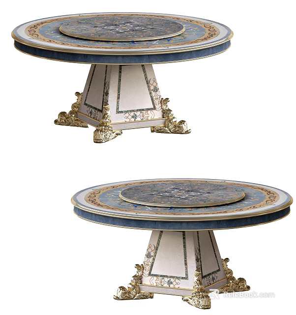 Classic Round Dining Table With Patterned Tabletop Golden Accents And Ornate Blue Trim 3d model