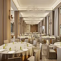 Luxurious Banquet Hall Interior With Crystal Chandeliers White Tables And Chairs