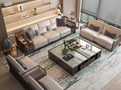 Cozy Leisure Sofa Set With Plush Pillows Glass Top Coffee Table And Patterned Area Rug 3d model