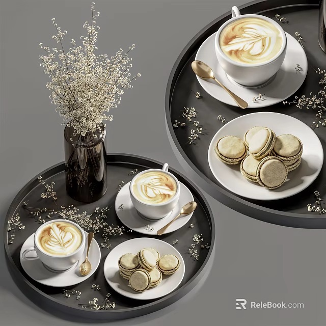 Creamy Latte Art and Macarons on Black Tray with Dried Flowers in Vase 3d model 