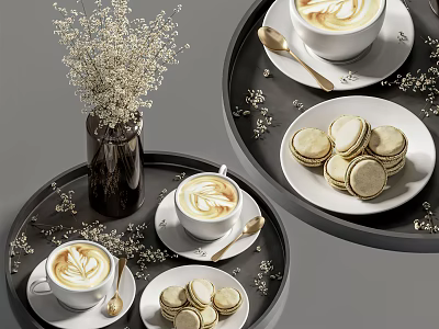 Creamy Latte Art and Macarons on Black Tray with Dried Flowers in Vase 3d model