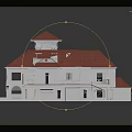 Cartoon Scene of White Building With Red Roof Balconies Arched Windows And Steps