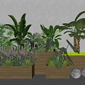 Decorative Wooden Flower Planters Featuring Lush Green Foliage Purple Blooms And Round Accents