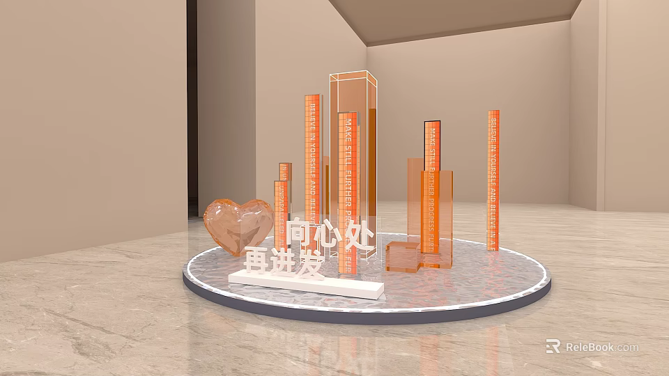 Modern Decorative Display With Transparent Orange Pillars And Heart Shaped Decoration 3d model 
