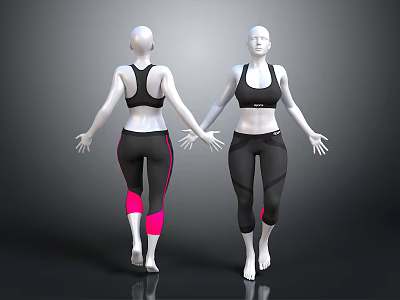 Models in Black Sports Bras and Black Leggings with Pink Accents Front and Back Views 3d model