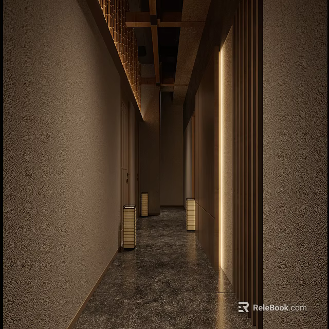 Modern Elevator Hallway Interior With Beige Walls Dark Stone Floor Recessed Lighting And Wooden Ceiling 3d model 